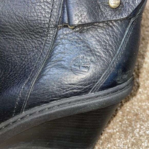 TIMBERLAND Boots Black Wedge Heel Leather knee high buckle detail SZ 9.5 - Picture 8 of 11